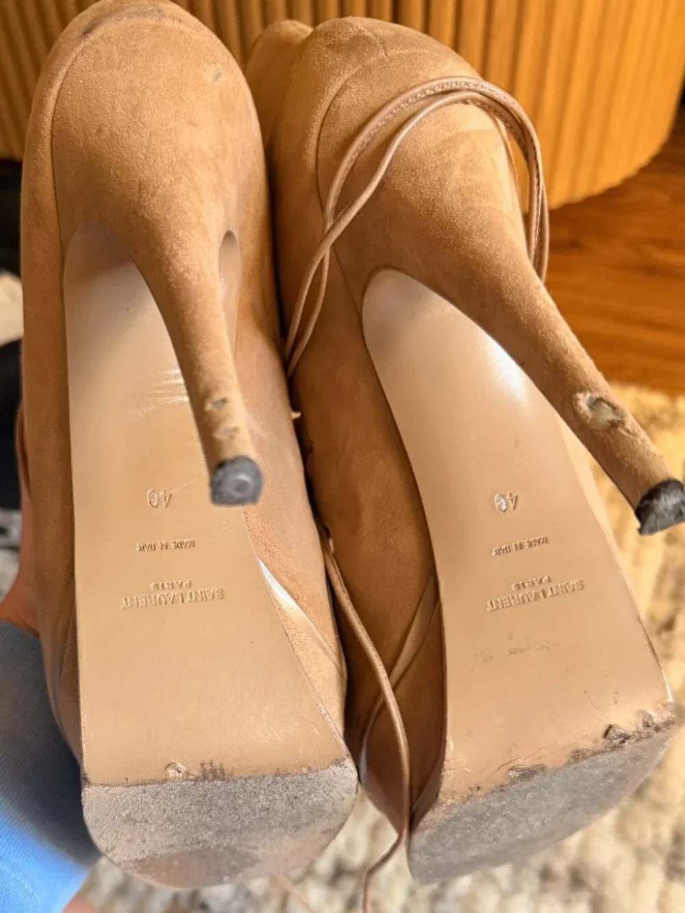 Saint Laurent Paris Suede Lace-Up Platform Heels Nude Beige Size 40 w/ Box - Picture 8 of 8